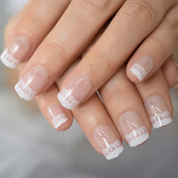 Short French Tips Natural Press On Nails Lace Pattern Nude Fake Gel Nails With Design Daily Wear For Girls Ladies