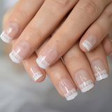 Short French Tips Natural Press On Nails Lace Pattern Nude Fake Gel Nails With Design Daily Wear For Girls Ladies