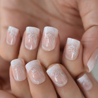 Short French Tips Natural Press On Nails Lace Pattern Nude Fake Gel Nails With Design Daily Wear For Girls Ladies