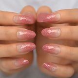 Short Glitter Press On Nails Silver Pink Squoval Lady Faux Ongles Glossy Base Glitter TIPS French Style Tips with Glue Stickers