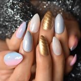 Short Glitter Press On Nails Silver Pink Squoval Lady Faux Ongles Glossy Base Glitter TIPS French Style Tips with Glue Stickers