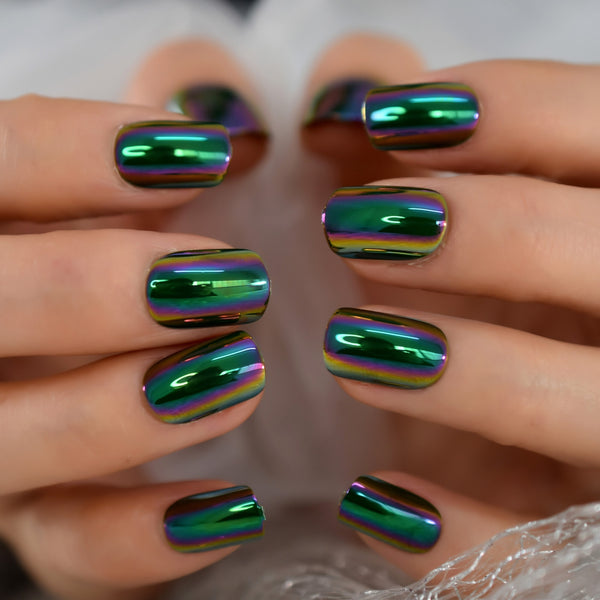 Chrome Fake Nails Press On Square Nails Full Cover Fingernails Green Electroplate Design Short Style With Glue Sticker Manicure