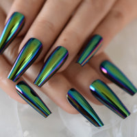 Chrome Fake Nails Press On Square Nails Full Cover Fingernails Green Electroplate Design Short Style With Glue Sticker Manicure