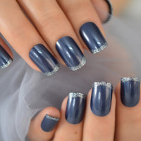 Short Medium Press On Nails Square Design With Silver Glitter False Nails For Women Glossy Nail Tips