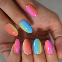 Fake Nails Glossy Coffin Short Length Press On False Nails Rainbow Ballet Acrylic Artificial Nails Gel Tips Set Festival Nails