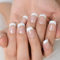 Clear French Nail Art Tips Short Size White Tip Press On Nails with Silver Smile Line Decorative Round Manicure Tips