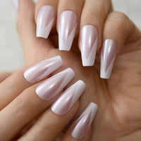 Clear French Nail Art Tips Short Size White Tip Press On Nails with Silver Smile Line Decorative Round Manicure Tips