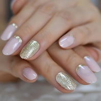 Clear French Nail Art Tips Short Size White Tip Press On Nails with Silver Smile Line Decorative Round Manicure Tips