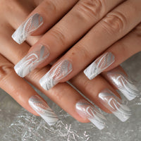 Clear French Nail Art Tips Short Size White Tip Press On Nails with Silver Smile Line Decorative Round Manicure Tips