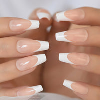 Clear French Nail Art Tips Short Size White Tip Press On Nails with Silver Smile Line Decorative Round Manicure Tips