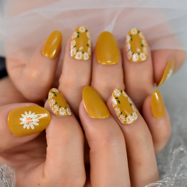 Almond Yellow Borwn Daisy Pattern Design Wholesale Press On Fake Nails Short Nails With Sticker For Kids Manicure