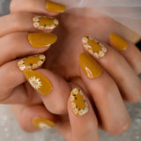 Almond Yellow Borwn Daisy Pattern Design Wholesale Press On Fake Nails Short Nails With Sticker For Kids Manicure