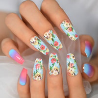 Designer Artificial False Nails Blossom Flowers Painting Press On Nail Tips Summer Fake Artificial Femmes Faux Ongles