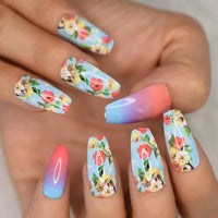 Designer Artificial False Nails Blossom Flowers Painting Press On Nail Tips Summer Fake Artificial Femmes Faux Ongles