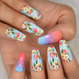 Designer Artificial False Nails Blossom Flowers Painting Press On Nail Tips Summer Fake Artificial Femmes Faux Ongles