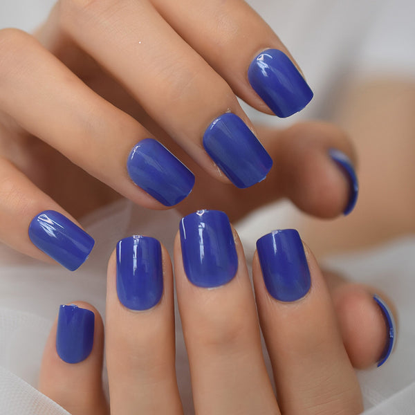 Cute Fake Nails Designer Press On Nails gel Short Solid Color Blue False Nail Tips Ladies Fashion Manicure