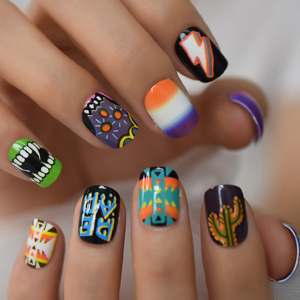 Short Funny Harajuku Style Fake False Nails With Designs Round Press Ons Nails Art Tips For Students Girls