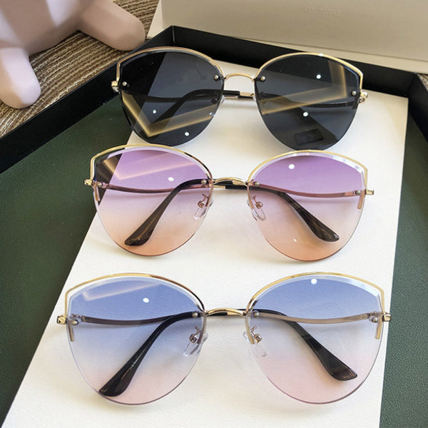 Women&#39;s Oval Cat Eye Sunglasses Lady Metal Rimless shades Luxury Sunglasses Female Driving Glasses zonnebril dames