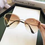 Women&#39;s Oval Cat Eye Sunglasses Lady Metal Rimless shades Luxury Sunglasses Female Driving Glasses zonnebril dames