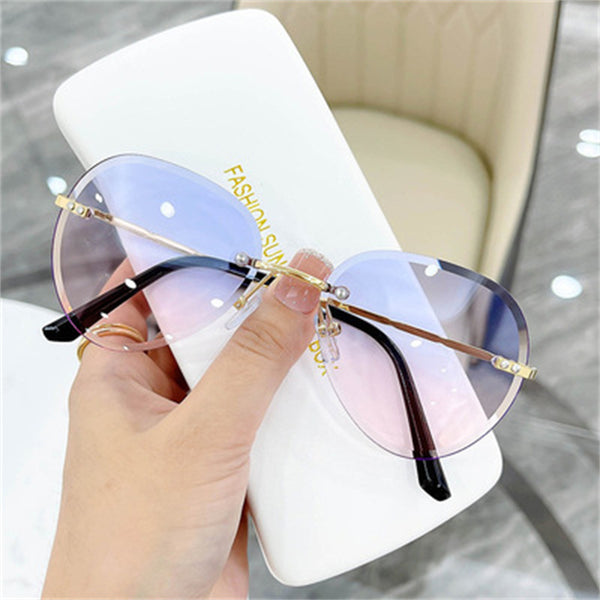 Vintage Rimless Alloy Aviation Pilot Sunglasses for Men Brand Gradient Sun Glasses Female Metal Oval Shades Black Brown