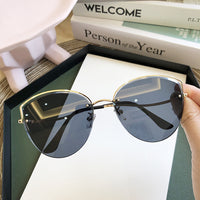 High Quality women&#39;s Oval Cat Eye Sunglasses Lady Metal Rimless shades Luxury Sunglasses Female Driving Glasses zonnebril dames