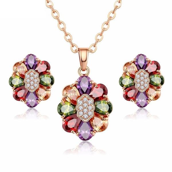 Multi Flower Zirconia Jewelry Sets CZ Copper Necklace Earrings Rose Gold Sets for Women