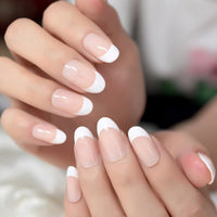 Round Natural False Nails Glitter Nude Gradient White French Nail Extra Short Size Manicure Tips 24pcs