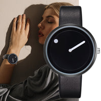 Minimalist Style Leather Wristwatch Women Men Creative Black White Design Dot Line Simple Face Quartz Watches Gift Clock