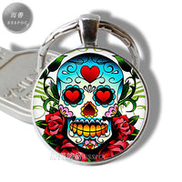 Sugar Skull Keychain Mexico Folk Art Sugar Skull Glass Pendant Metal Keyring Day of the Dead Gift Halloween Gift