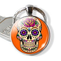 Sugar Skull Keychain Mexico Folk Art Sugar Skull Glass Pendant Metal Keyring Day of the Dead Gift Halloween Gift