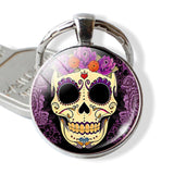 Sugar Skull Keychain Mexico Folk Art Sugar Skull Glass Pendant Metal Keyring Day of the Dead Gift Halloween Gift