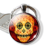 Sugar Skull Keychain Mexico Folk Art Sugar Skull Glass Pendant Metal Keyring Day of the Dead Gift Halloween Gift