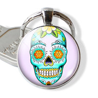 Sugar Skull Keychain Mexico Folk Art Sugar Skull Glass Pendant Metal Keyring Day of the Dead Gift Halloween Gift