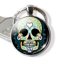 Sugar Skull Keychain Mexico Folk Art Sugar Skull Glass Pendant Metal Keyring Day of the Dead Gift Halloween Gift