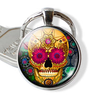 Sugar Skull Keychain Mexico Folk Art Sugar Skull Glass Pendant Metal Keyring Day of the Dead Gift Halloween Gift