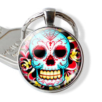 Sugar Skull Keychain Mexico Folk Art Sugar Skull Glass Pendant Metal Keyring Day of the Dead Gift Halloween Gift