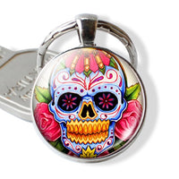 Sugar Skull Keychain Mexico Folk Art Sugar Skull Glass Pendant Metal Keyring Day of the Dead Gift Halloween Gift