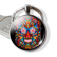 Sugar Skull Keychain Mexico Folk Art Sugar Skull Glass Pendant Metal Keyring Day of the Dead Gift Halloween Gift