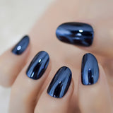 Gorgeous Blue Mirror Fake Nails Oval Metallic Quality Glamour Nail Art Designed Tips with Glue Sticker Perfect for daily wear