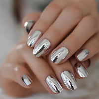 Quality Oval Fake Nails Silver Mirror Faux Ongle Short Daily Nail Art Tips Metallic Style Glamour Nail Tip