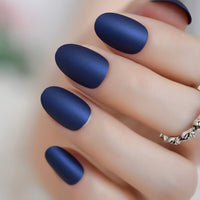 Gorgeous Matte Fake Fingernails Short Oval Diamond Blue Frosted False Nails with Glue Sticker 24