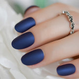 Gorgeous Matte Fake Fingernails Short Oval Diamond Blue Frosted False Nails with Glue Sticker 24