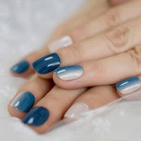 Fashion Artificial Nails Ombre Faux Ongles Blue Nude Gradient Short Daily Decoration Fingernails with Glue tabs 24 Kit