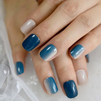 Fashion Artificial Nails Ombre Faux Ongles Blue Nude Gradient Short Daily Decoration Fingernails with Glue tabs 24 Kit