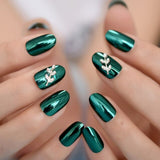 Metallic Mirror Acrylic Custom Press On Nails Green Alloy Silver Leaf Decoration Lady Fingernails 24