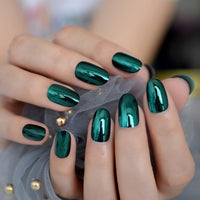 Metallic Mirror Acrylic Custom Press On Nails Green Alloy Silver Leaf Decoration Lady Fingernails 24