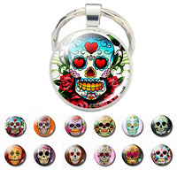 Sugar Skull Keychain Mexico Folk Art Sugar Skull Glass Pendant Metal Keyring Day of the Dead Gift Halloween Gift